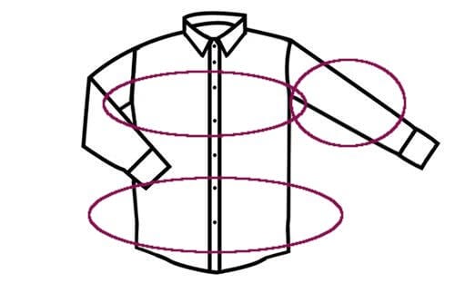Dibujo lineal de una camisa con tres óvalos que resaltan las zonas de medida del pecho, la cintura y las mangas. Custom Fit