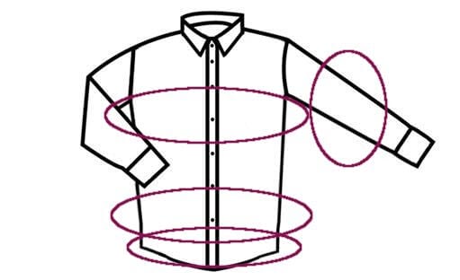 Dibujo lineal de una camisa abotonada de manga larga con tres anillos ovalados alrededor del torso y uno alrededor de la manga. Slim Fit