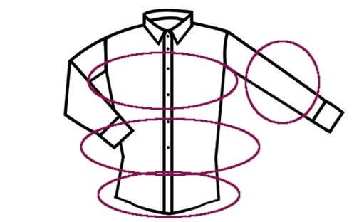 Dibujo lineal de una camisa abotonada con cuatro círculos magenta que resaltan las zonas del pecho, la cintura y los brazos. Super Slim Fit