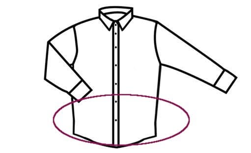 Dibujo lineal de una camisa abotonada de manga larga con un óvalo rosa rodeando la mitad inferior de la camisa. Tailored Fit