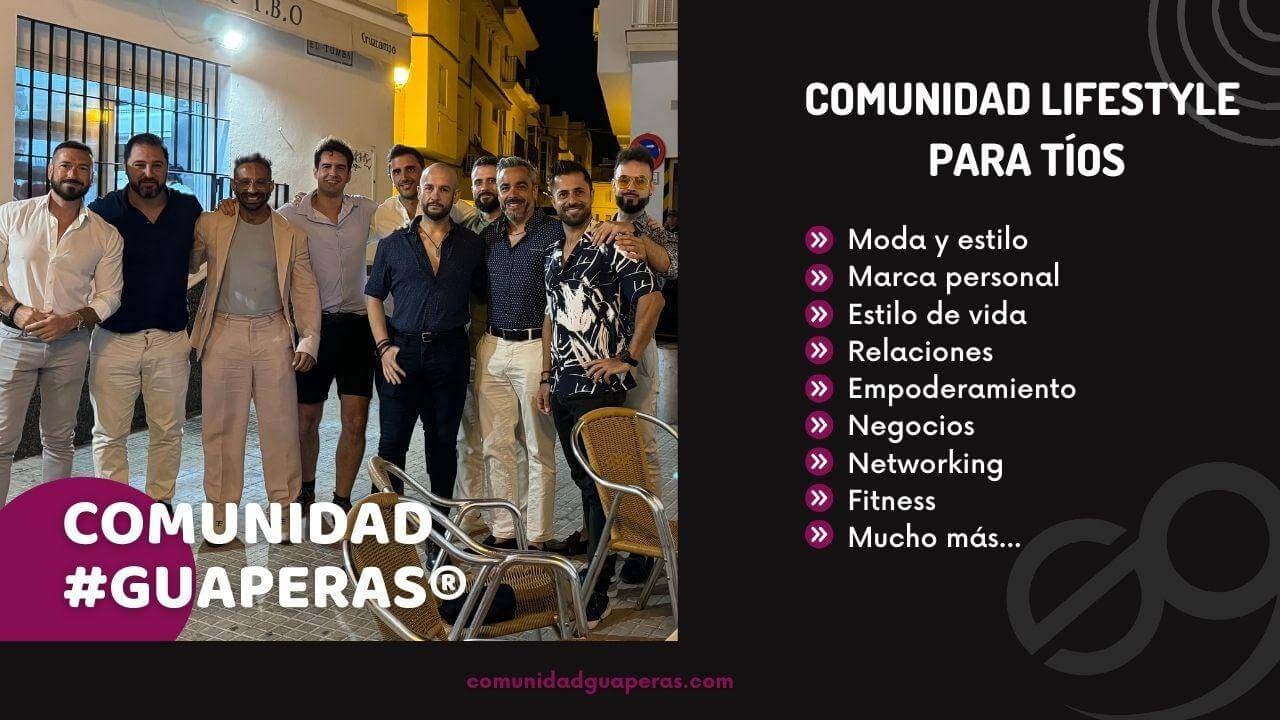 Un grupo de hombres posando juntos en una calle con un cartel que enumera temas de estilo de vida, incluida la moda y la marca personal.