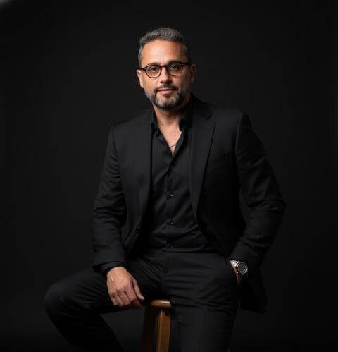 Jose Guzmán con gafas y barba vestido con un traje negro se sienta en un taburete de madera sobre un fondo oscuro.