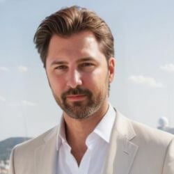 Daniel Garrido, un hombre de pelo corto y barba de color castaño, viste una chaqueta de traje beige y una camisa blanca al aire libre con un fondo borroso.